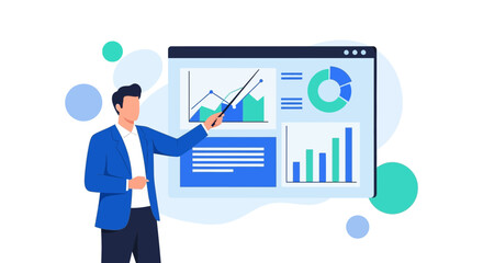 Business Analyst Explains Data Visualizations During Presentation, Analysis, And Strategy