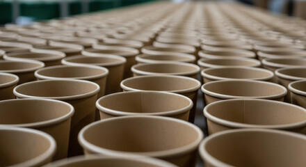 Rows of Disposable Paper Cups in Factory Production Line.