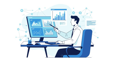 Business Analyst Illustrating Financial Data And Charts Presented On A Computer Screen