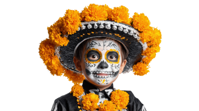 Boy wearing skeleton costume and hat with marigolds,Transparent background, PNG file