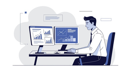 Business Analyst Working On Financial Charts And Data Analysis On Dual Screens Display