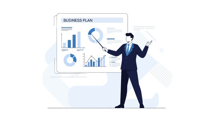 Business Presentation: A Professional Man Explains Statistics And Details Of The Business Plan