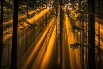 Sunlight beams through misty forest canopy
