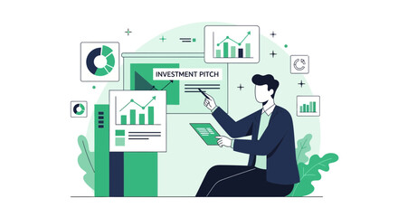 Business Professional Delivering An Investment Pitch Presentation With Charts Visualizations