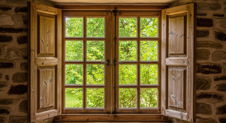 Fototapeta premium Rustic Wooden Window with Lush Greenery View.
