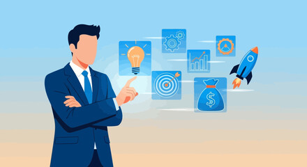 Business Professional Conceptualize Startup, Vision, and Prosperity With Icons and Rocket Ship