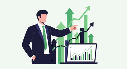 Business Professional Displaying Financial Growth Illustrated With Bar Charts and Arrows Pointing