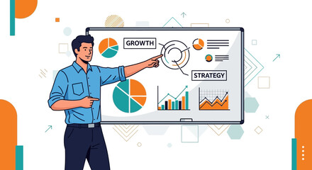 Business Professional Presenting Data Growth And Strategy On Whiteboard With Charts And Graphs