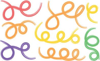 Abstract colorful bold curved lines Collection with loops isolated on white. Simple childish vector scribbles and squiggles. Hand drawn bold grunge wavy and swirled brush strokes. Creative trendy sty