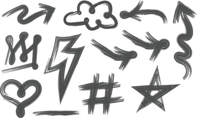 Urban graffiti spray paint brush element set collection. drips, splatters, and grunge texture. Set of arrow, cloud, skull, crown, star, lightning and heart. Graffiti icons with spray paint effect