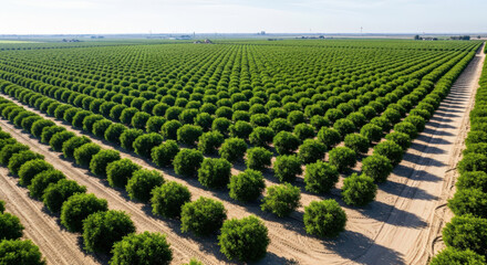 Vast Green Orange Grove Under Bright Sunny Sky.