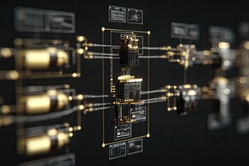 Complex, interconnected, futuristic circuit system with gold accents.  Dark, detailed graphic