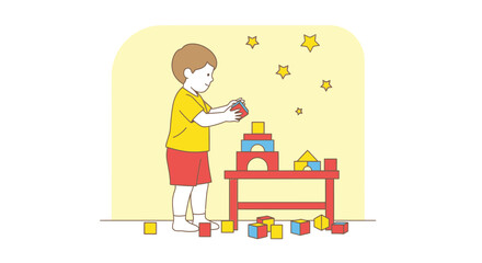 Adorable Child Building Tower With Wooden Blocks in A Playful Illustration
