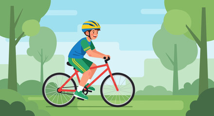 Naklejka premium Cheerful Cyclist Enjoys Ride In Park, Wearing Helmet, Perfect For Outdoors Recreation