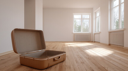Suitcase floor wall window empty room bathed in sunlight with minimal interior space ideal for clean staging evoke sense of renewal