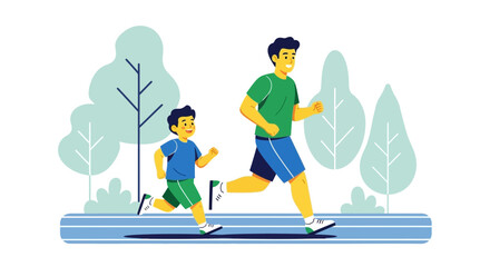 Father And Son Jogging Together In Park With Trees Representing Health And Family Bonding