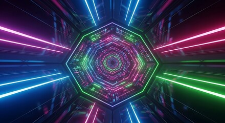 A vibrant, futuristic tunnel with neon lines and hexagonal shapes creates a mesmerizing effect.