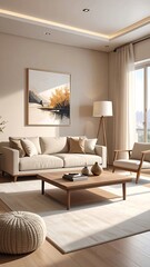 A tranquil living room design showcasing a light beige color palette and a modern aesthetic.