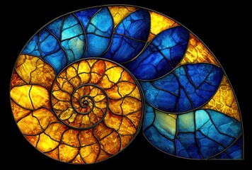 Abstract golden-blue nautilus shell in stained glass style, curving in on a black background, spiral pattern