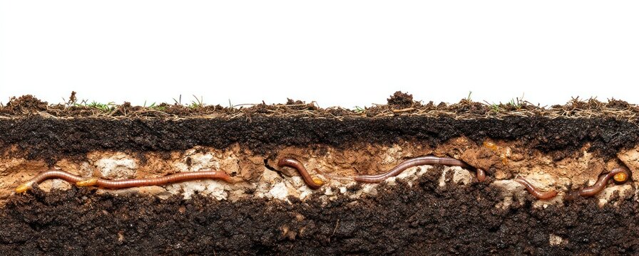 A cross-section of soil with earthworms crawling through the layers and grass growing on top against a white background
