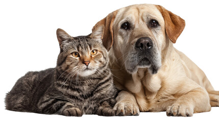 Cat and dog sitting together isolated on white background
