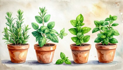 Fototapeta premium Delicate watercolor illustrations of various herbs in pots