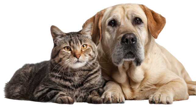 Cat and dog sitting together isolated on white background