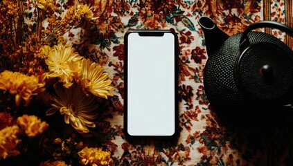 Empty screen smartphone on a patterned tablecloth with dried flowers and a teapot.