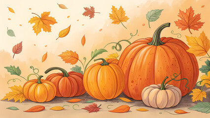 Autumn Harvest: Pumpkins & Falling Leaves - Vibrant Fall Scene