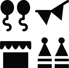 Celebration icons: balloons, bunting, cake stand, and party hats for festive occasions.