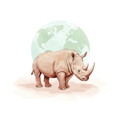 Obraz premium Elegant watercolor rhino illustration with world map background, perfect for conservation projects, World Rhino Day