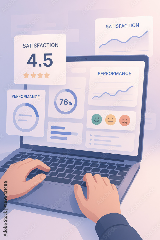 Poster user analyzing satisfaction and performance data on laptop with positive emotional feedback