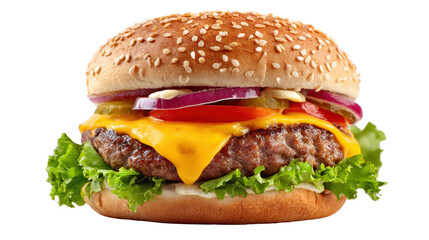 Classic cheeseburger with sesame bun Transparent background, PNG file