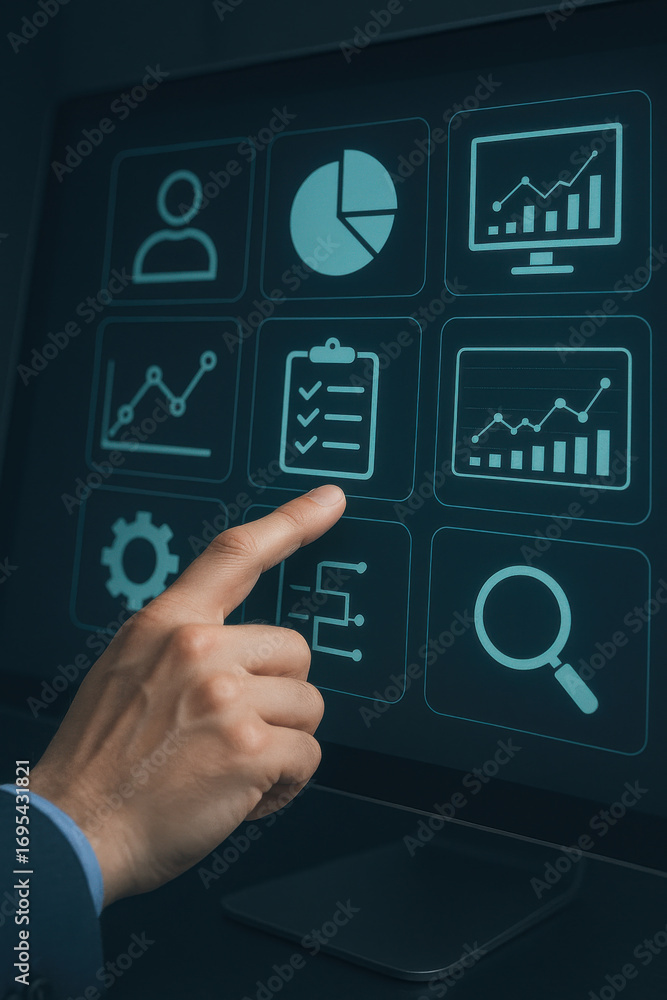 Aufkleber hand pointing at checklist icon on digital screen with business and data analysis symbols