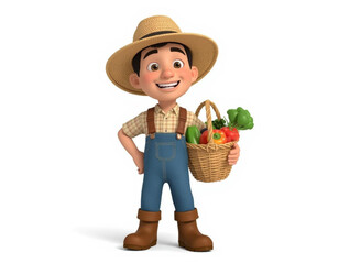 3D Cartoon Character Farmer Holding Basket of Vegetables on White Background  
