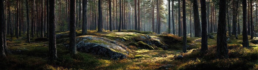 Sun-dappled forest scene showing tall trees and mossy rocks, with sunlight filtering through the trees to light the ground