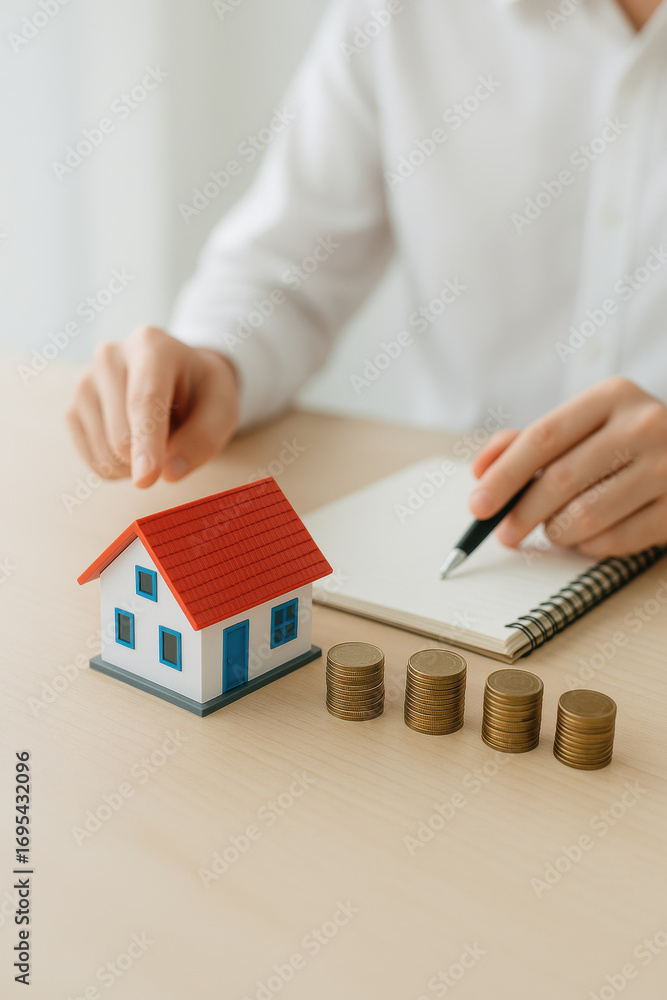 Poster small house model with red roof and stacks of coins on table with person writing in notebook