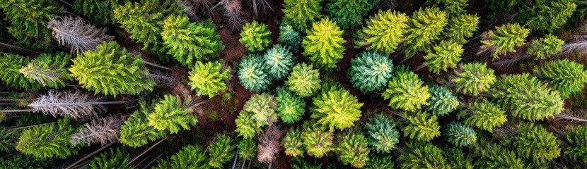 Aerial view of a dense forest with vibrant green and some dying pine trees, capturing a textured, natural landscape pattern