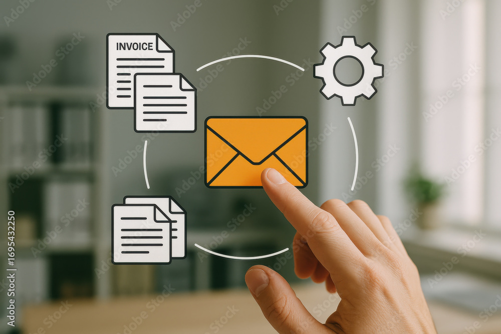 Poster email envelope icon with hand pointing, surrounded by invoice and document icons in office