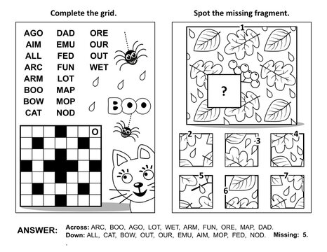 Halloween activity page with two puzzles. Fill-in crossword puzzle or word game. Spot the missing fragment of autumn leaves patten. Black and white. Answers included.
