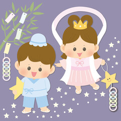 七夕 かわいい織姫と彦星 笹の葉 笹飾り