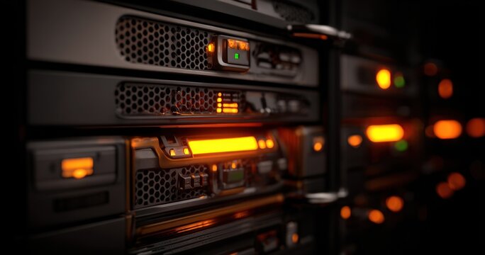 Dark server rack detail. Metal panels, glowing lights, depth of field. Orange and green lights indicate activity in a data center - Powered by Adobe