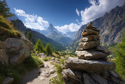 Scenic vista of rocky hiking trail winding through a valley leading toward a towering, snow-capped mountain under a partly cloudy sky - Powered by Adobe