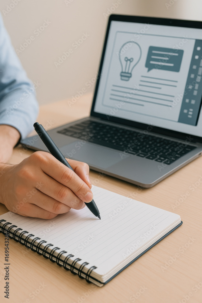 Poster person writing notes in notebook with laptop showing idea icon on desk