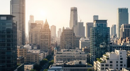 Fototapeta premium Cityscape panorama, urban architecture, sunrise glow