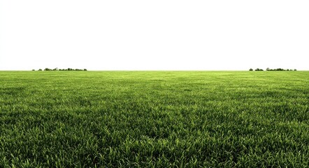 Fototapeta premium Green grass field stretches towards the horizon under a stark white sky, creating a serene, minimalist landscape