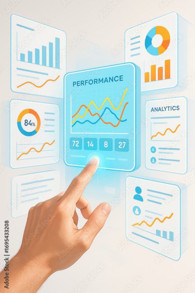 Aufkleber performance dashboard with analytics and charts being accessed by hand