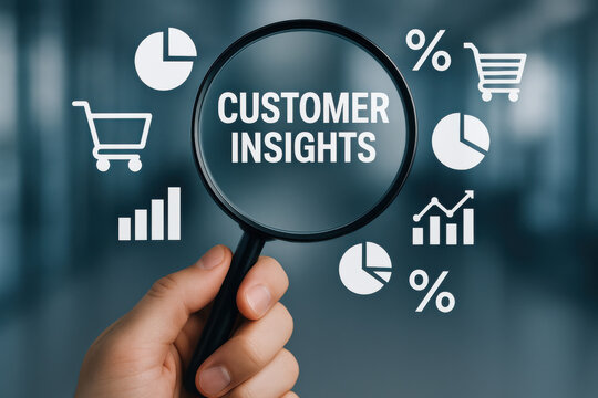 Customer insights concept with magnifying glass and shopping icons for business analysis - Powered by Adobe