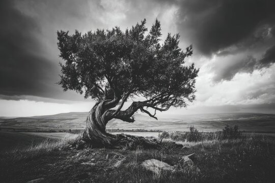 Black and white landscape with a gnarled tree