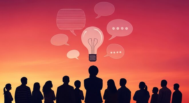 Silhouette of people with lightbulb and speech bubbles against sunset sky